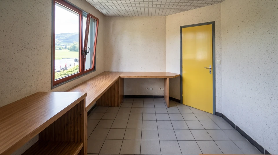 Bureau vide avec mobilier intégré en bois stratifié : plan de travail en L longeant les murs, dessous de fenêtre aménagé