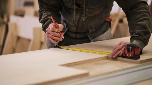 Artisan menuisier prenant des mesures précises avec un mètre ruban dans une cuisine d'un logement résidentiel, mur clair visible en arrière-plan, avant la fabrication et l'installation de mobilier sur mesure.