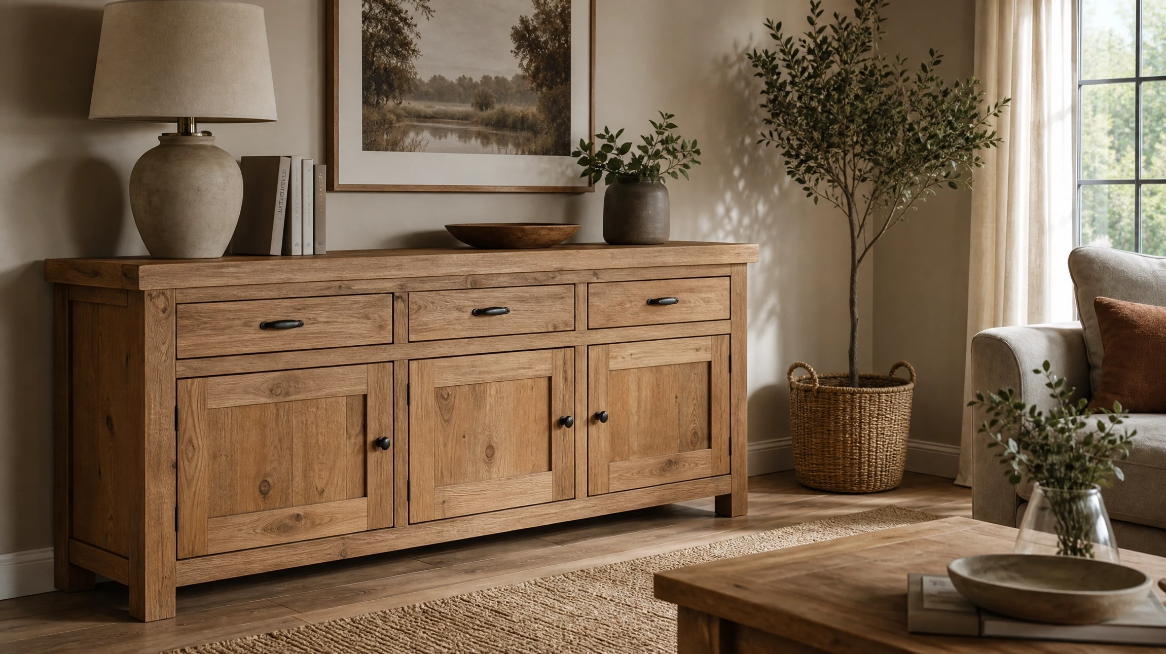 Atelier d'ébénisterie avec artisan assemblant un meuble en bois massif
